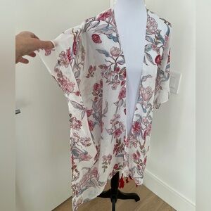 KISMET Short Duster Bathing Suit Coverup Sheer Lightweight Floral Tassels Boho